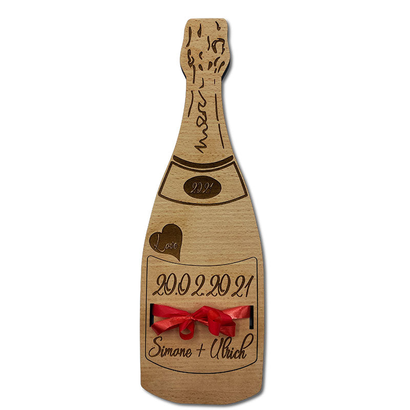 Personalisierte Holz-Sektflasche als originelles Geschenk für das Brautpaar mit Geheimfach für Geldgeschenke
