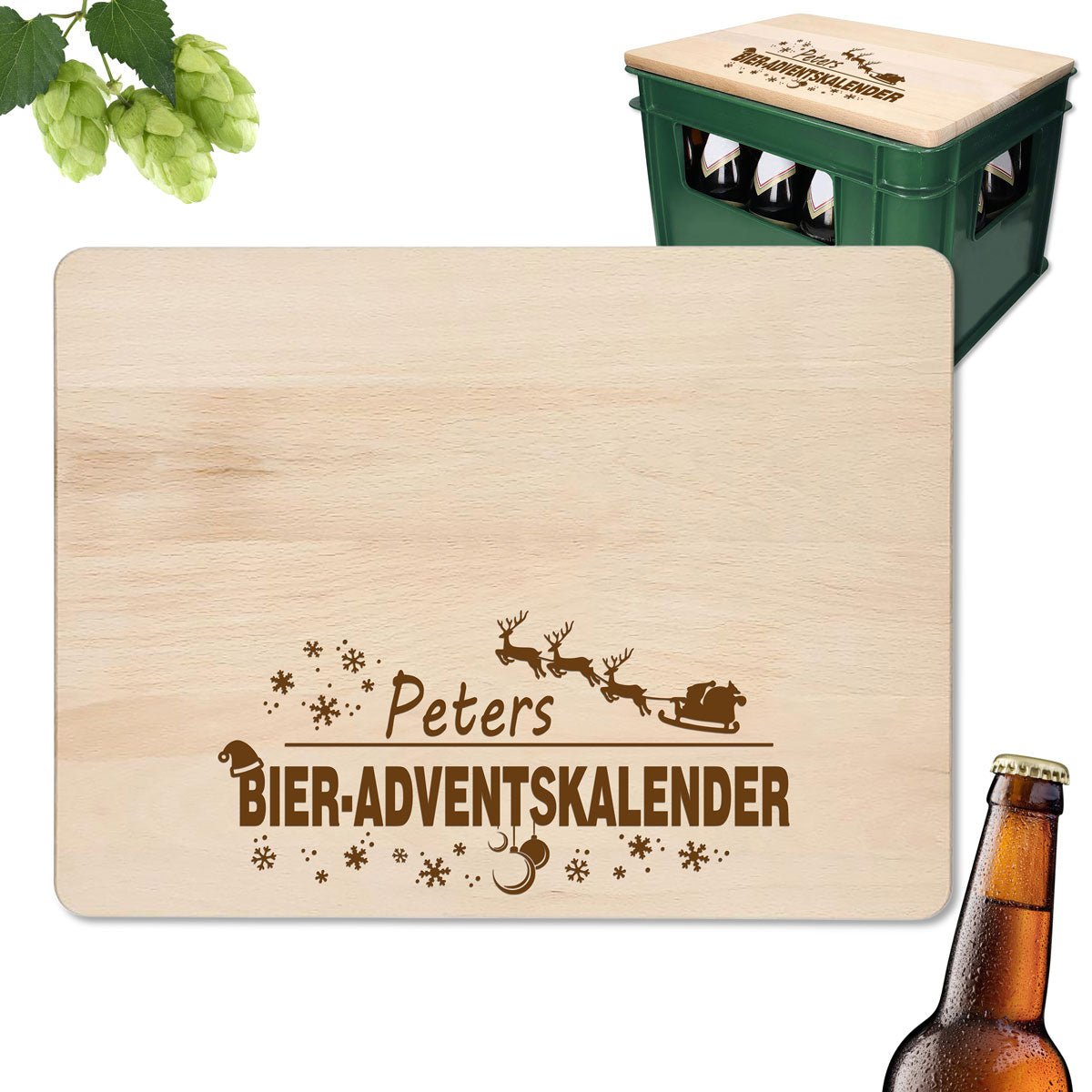 Handgefertigter Bierkastensitz aus massivem Holz mit individueller Gravur, einzigartiges Unikat - Bierkisten Adventskalender