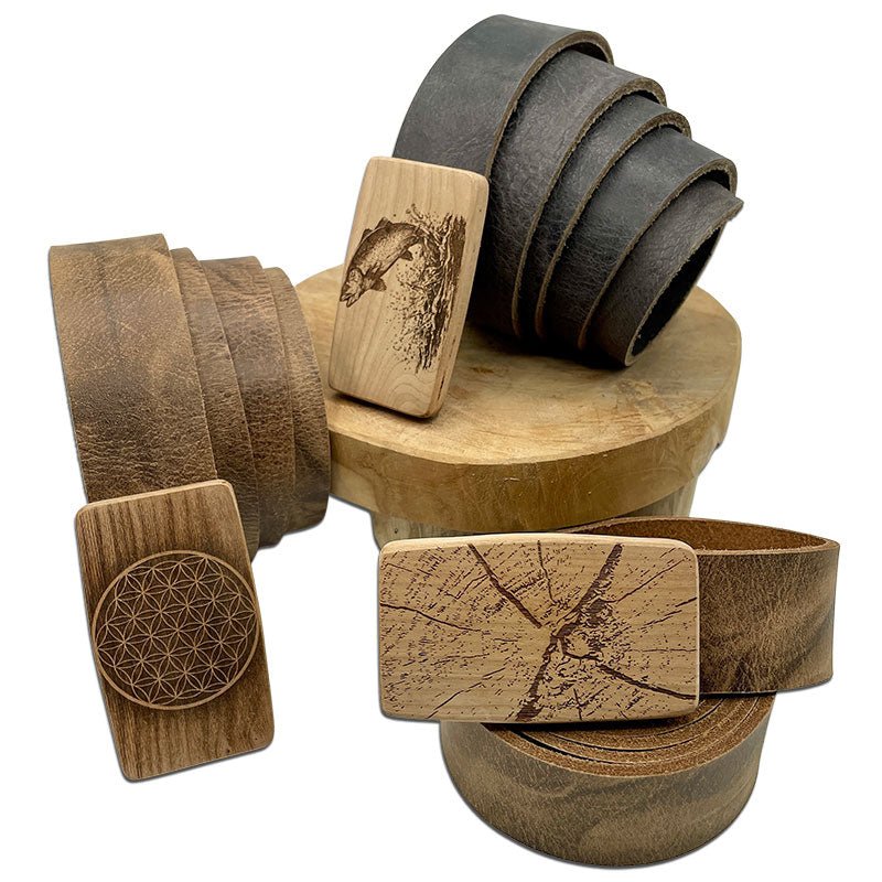 Ledergürtel mit Holzschnalle - Gürtel aus Leder mit Holz, Gürtelschnalle mit Gravur, personalisiert - Holzgürtel