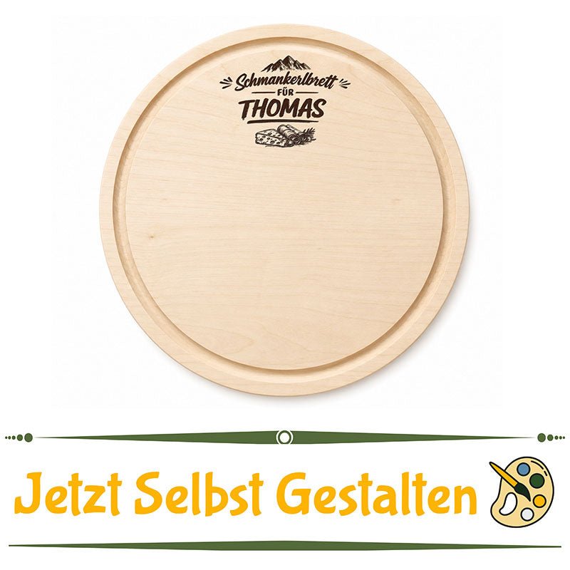 Rundes Jausenbrett aus massivem Holz mit Saftrille - Personalisiertes Jausenbrett selbst online gestalten 