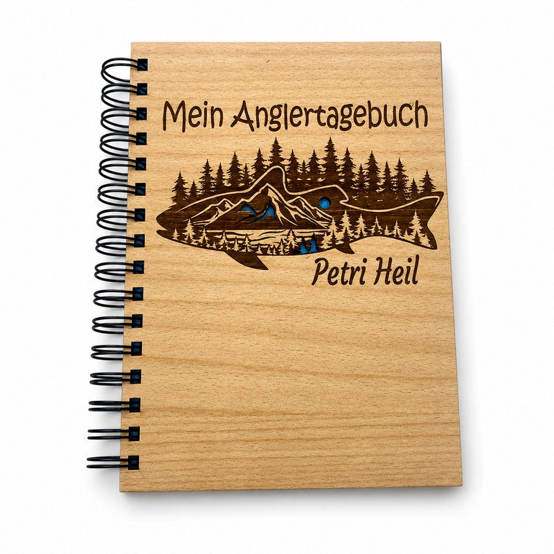 Geschenk für Fischer - Holzbuch mit Petri Heil Gravur