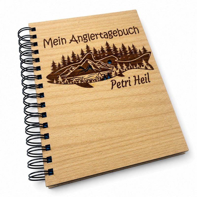 Fischertagebuch aus Holz mit Gravur Petri Heil
