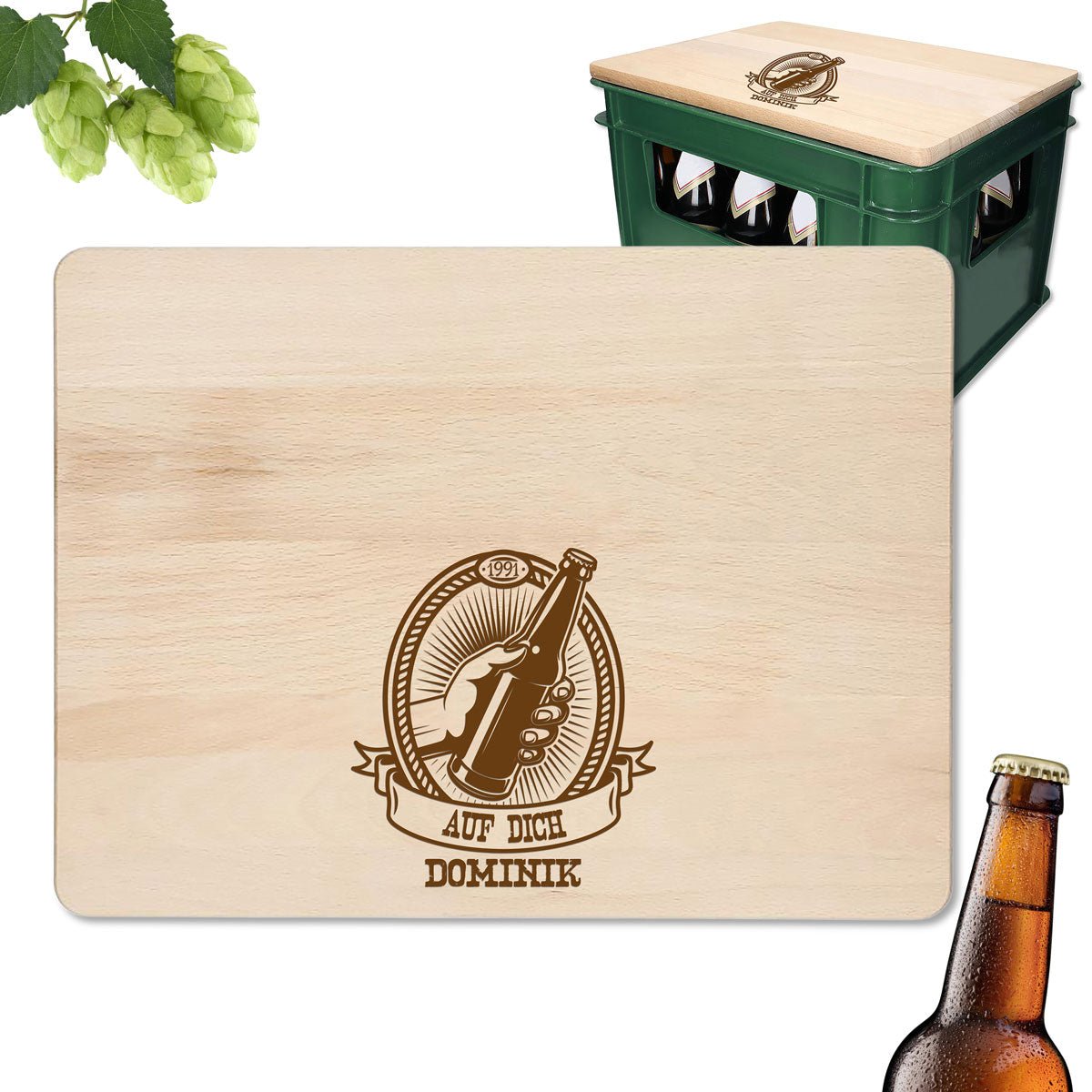 Origineller Bierkistensitz mit Geburtstagsmotiv, Name und Jahreszahl, Holz-Sitzauflage