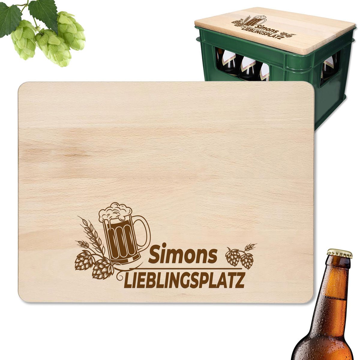Holz-Sitzauflage für Bierkisten mit Hopfenblüten und personalisierter Gravur