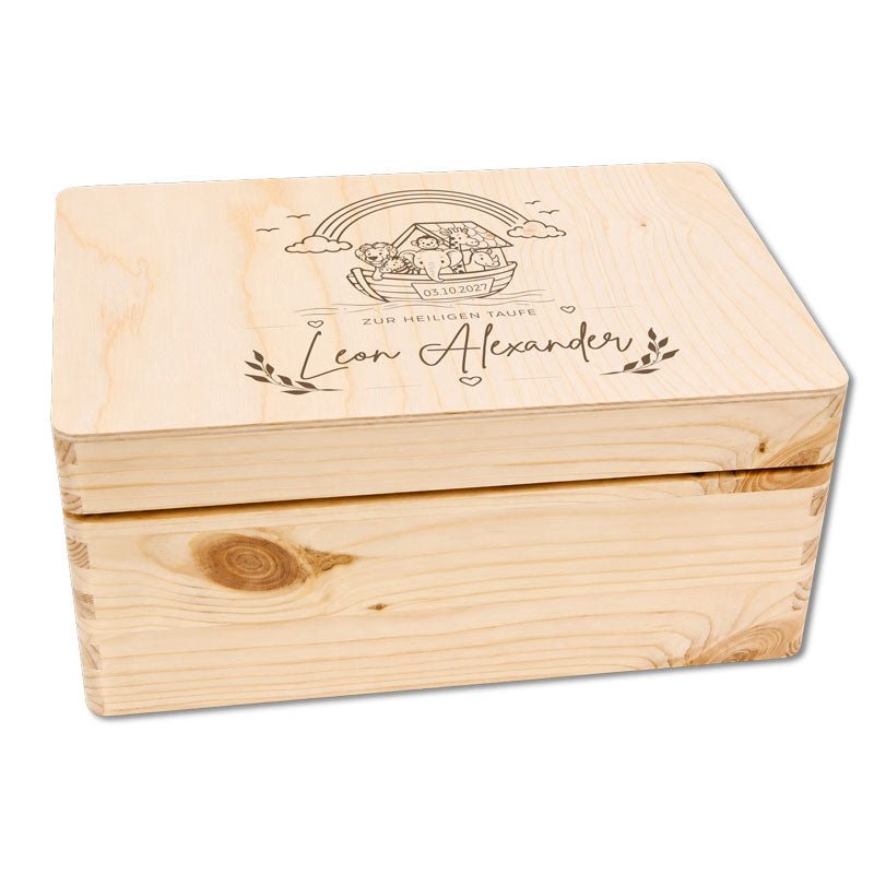 Personalisierte Taufbox aus Holz mit Arche Noah, niedlichen Tieren, Text, Datum und Name