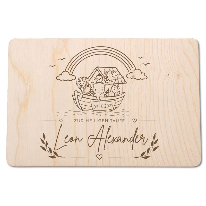 Holzbox zur Taufe mit niedlichen Tieren und individueller Gravur - Holzkiste mit Gravur als Taufgeschenk