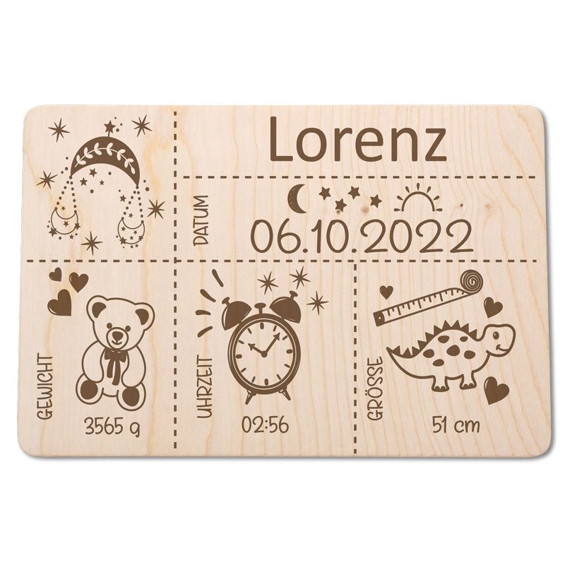 Erinnerungsbox zur Geburt aus Holz mit Sternzeichen, Name, Gewicht und Uhrzeit