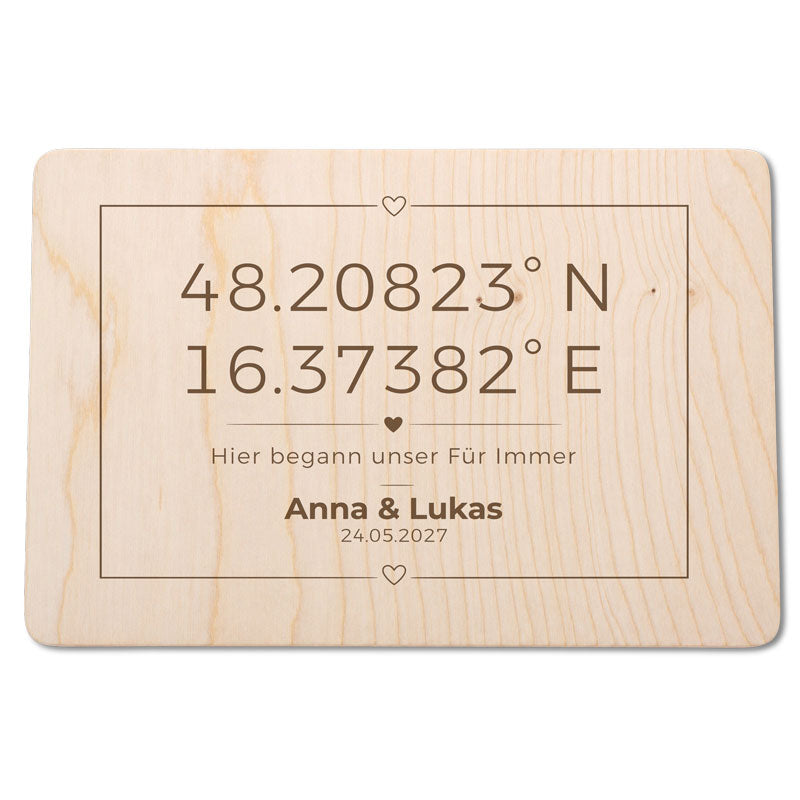 Holz Geschenkebox zur Hochzeit mit individuellen Koordinaten