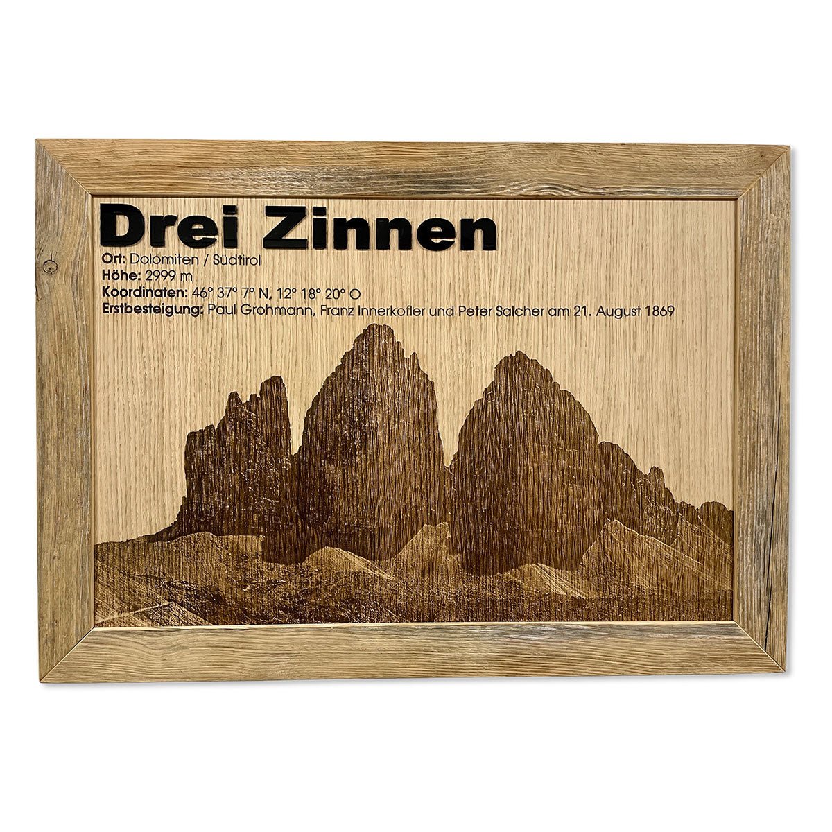 Altholzbilderrahmen mit Bergmotiv - Drei Zinnen