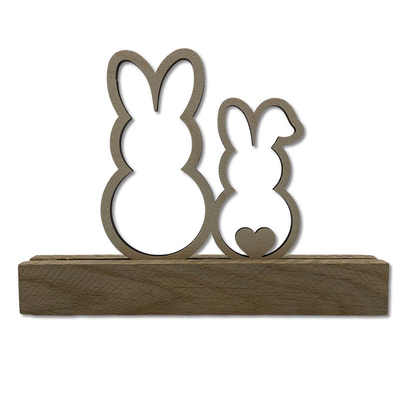 Osteraufsteller zwei Osterhasen aus Holz mit Eichenholz-Sockel - Osterdeko aus Holz