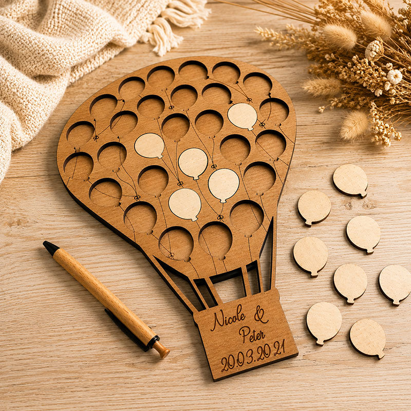 Heißluftballon Gästebuch aus Holz als einzigartige Erinnerung an die Hochzeit, Alternatives Gästebuch für Hochzeit zum selber beschriften 