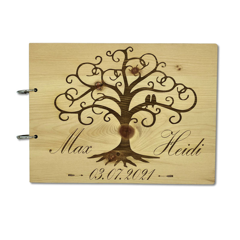 Holzgästebuch mit Gravur ‚Liebe‘ und Ringbindung für Hochzeit