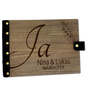 Gästebuch aus Holz mit Ledereinband und gravierten Schriftzug ‚Ja‘ 