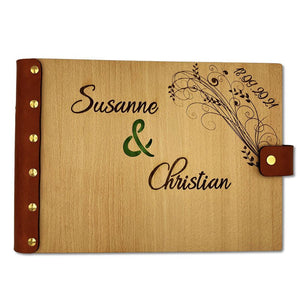 Personalisierbares Hochzeit Gästebuch aus Leder und Holz mit Gravur auf dem Cover