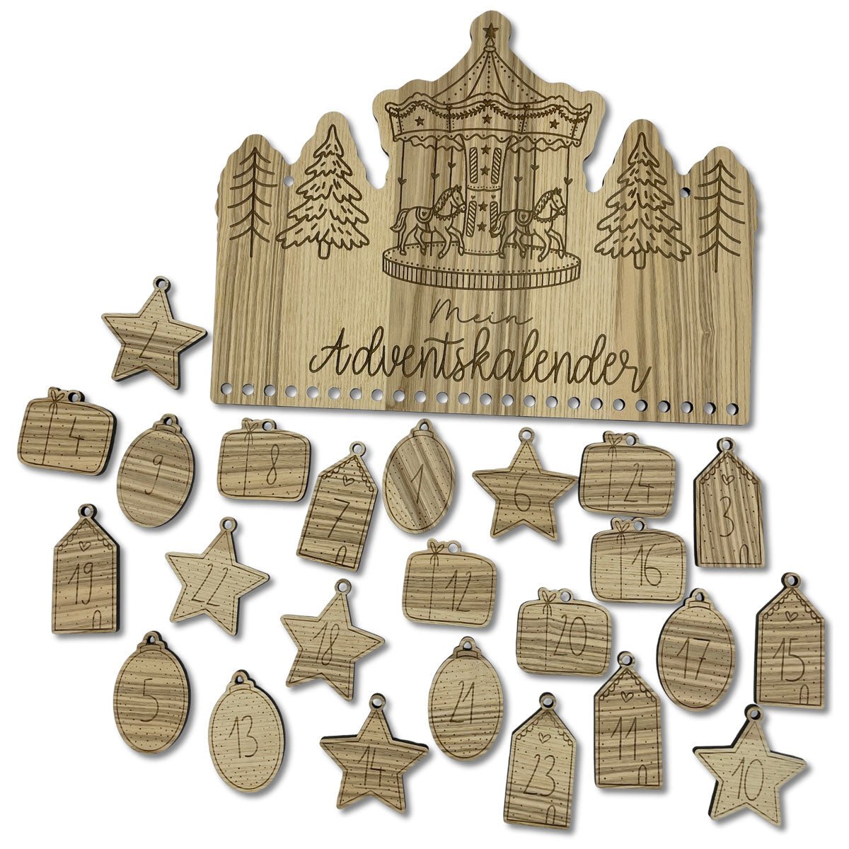 Holz Adventskalender mit Gravur und Befestigungslöchern für Säckchen und Ziffern