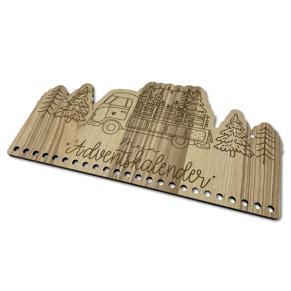 Holz-Adventskalender mit Truck, Tannenbäumen und Geschenken – nachhaltige Deko für Weihnachten 