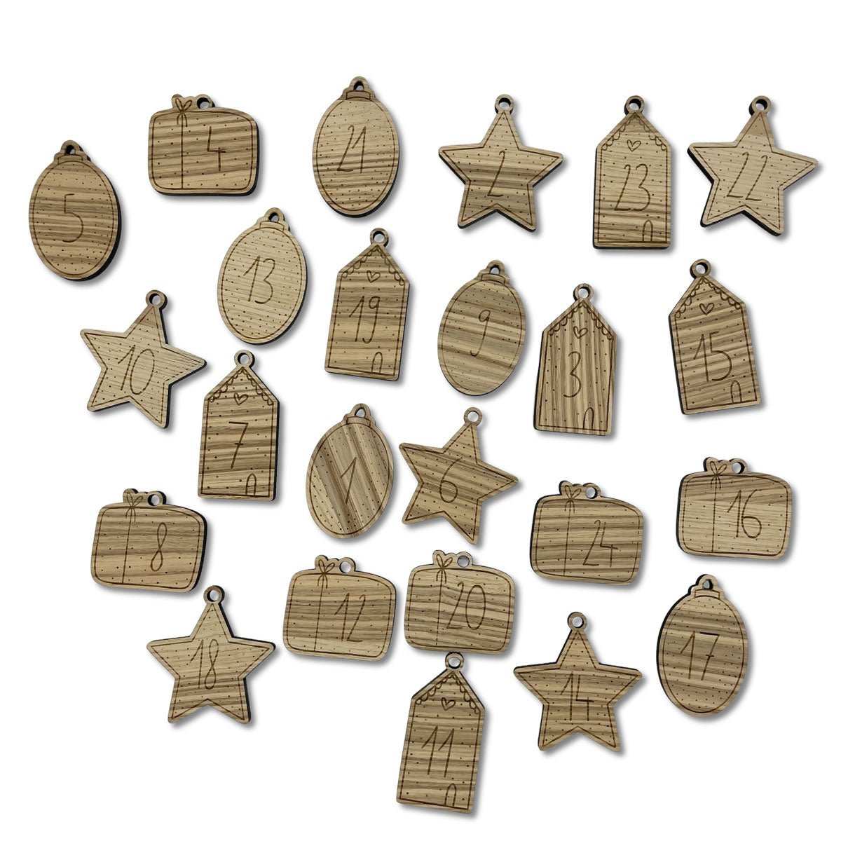 Holz Adventszahlen im Mix aus Stern, Geschenk, Kugel und Hausmotiv, Weihnachtsdekoration