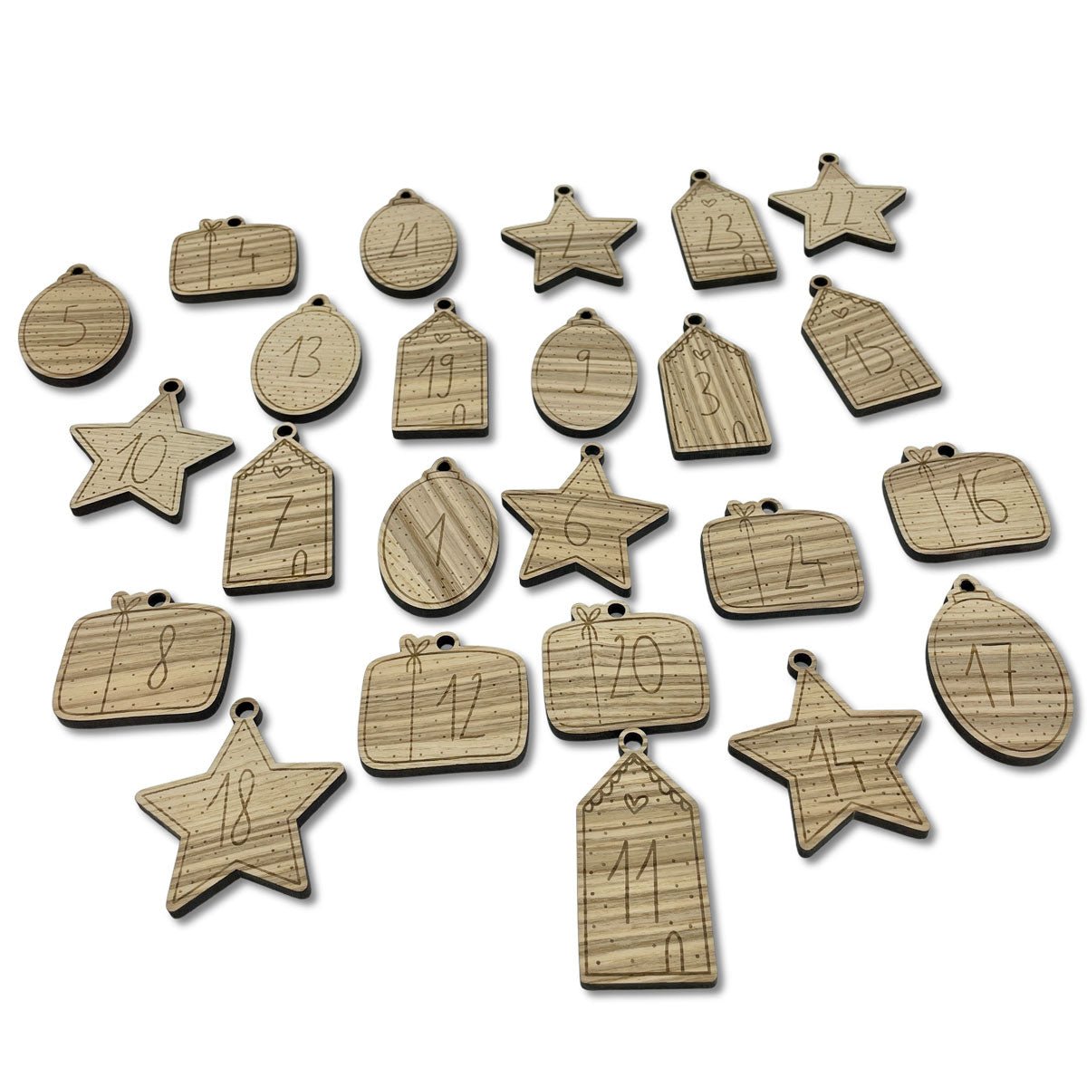 Holz Adventskalender Zahlen 1–24 in Stern-, Geschenk-, Kugel- und Häuschenform - DIY Adventkalender aus Holz