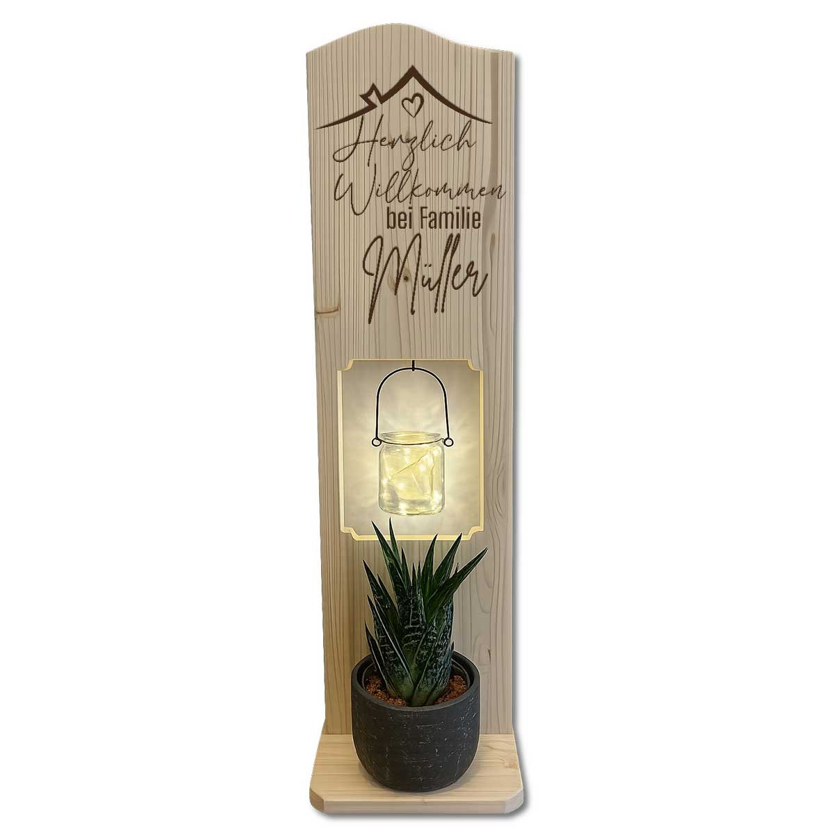 Holzaufsteller Willkommen Familie mit individueller Gravur und LED-Windlicht
