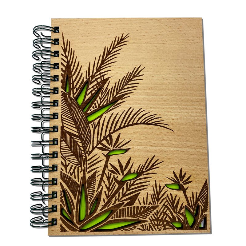 Notizbuch mit tropischem Jungle-Motiv auf Echtholzcover