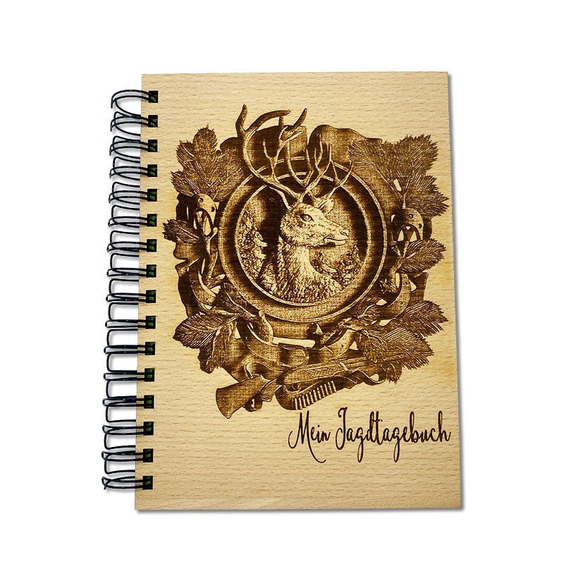 Jagdtagebuch aus Holz mit Rehbock Gravur