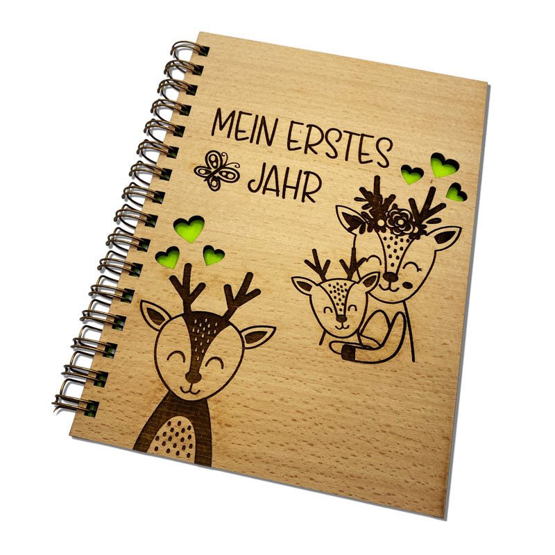 Erinnerungsbuch erstes Jahr Baby - Babytagebuch Rehlein Motiv - Holzbuch