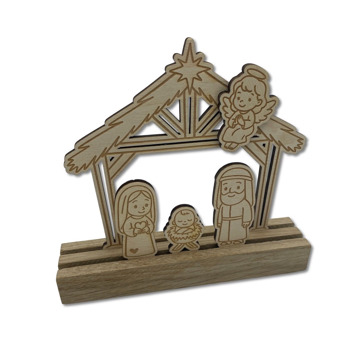 Mini-Krippe aus Holz mit Maria, Josef, Jesuskind und Engel
