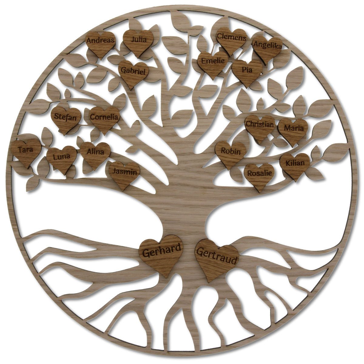 Rundes Holzdeko Element mit Namen – Stammbaum für Familie, Hochzeit, Jubiläum - Lebensbaum mit Namen