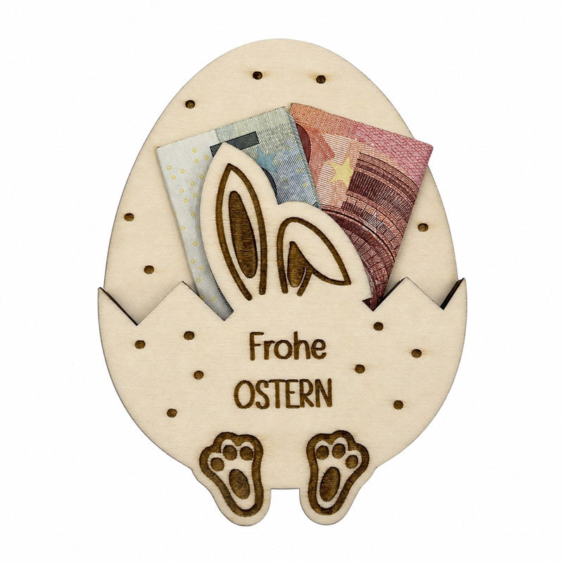 Osterei-Geldgeschenk aus Holz mit Geldscheinen, Hasenohren und Gravur „Frohe Ostern“
