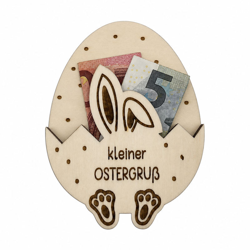 Geldgeschenk zu Ostern im Holzei mit Geldscheinen, Hasenohren und Gravur „kleiner Ostergruß“