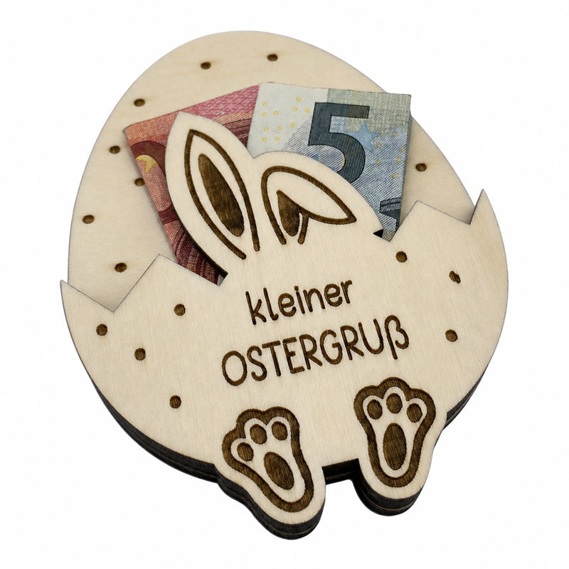 Schrägansicht des Osterei-Wunscherfüllers aus Holz für Geldscheine mit kleinem Ostergruß