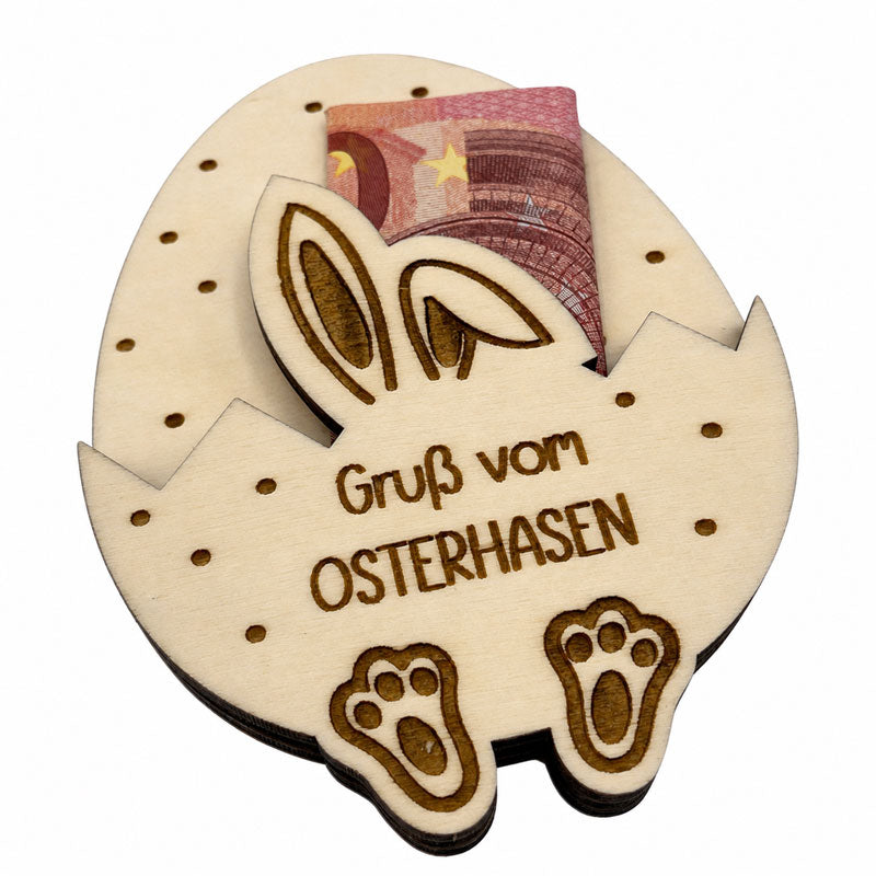 Schrägansicht des Geldgeschenks zu Ostern aus Holz mit Geldfach und Gruß vom Osterhasen