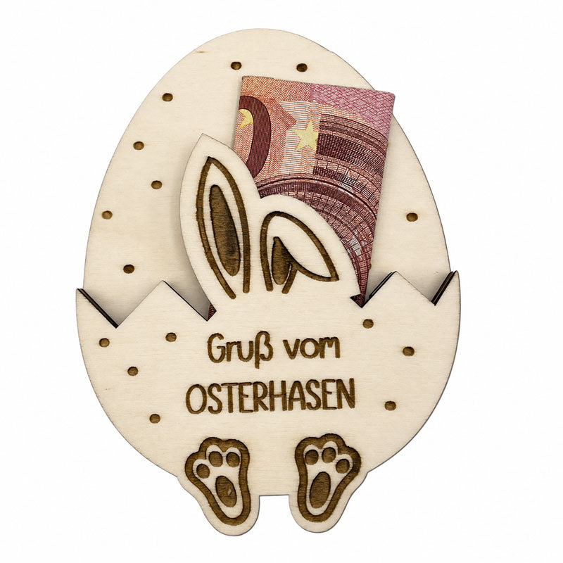 Osterei-Wunscherfüller aus Holz mit Geldschein, Hasenohren und Gravur „Gruß vom Osterhasen“