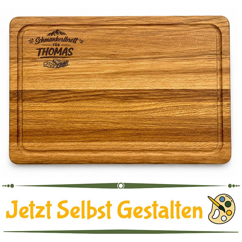 Personalisiertes Schneidebrett aus Eichenholz mit umlaufender Saftrille - Jausenbrett aus Holz selbst gestalten 
