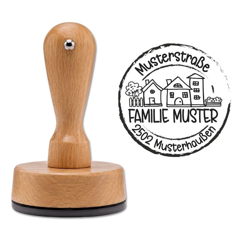 Runder Holzstempel mit „Home“-Design und individueller Adresse