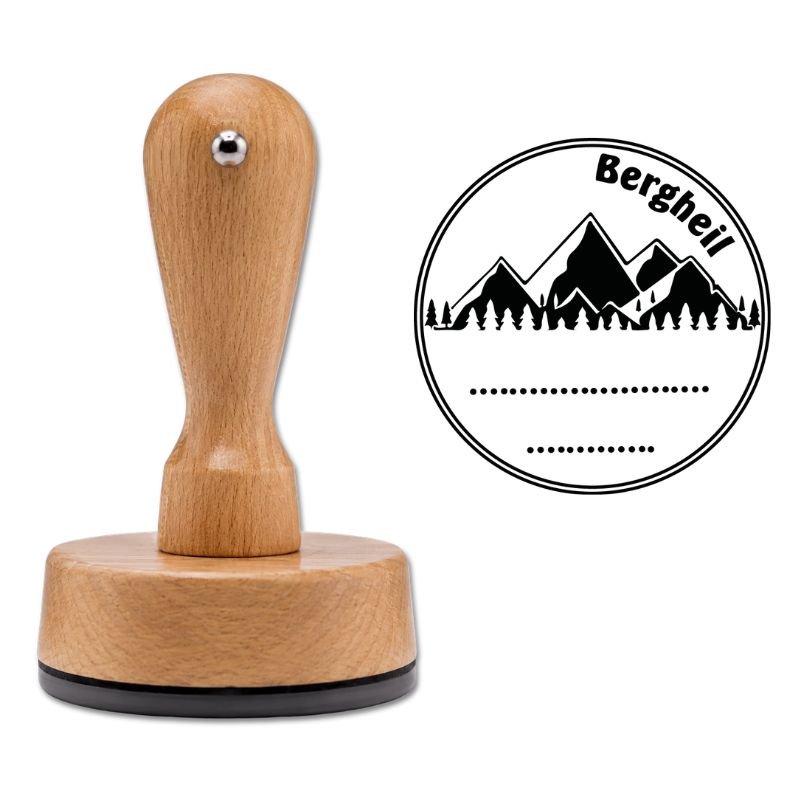 Personalisierter Holzstempel mit Bergmotiv und Gravur – perfekt für Wanderer und Bergfreunde