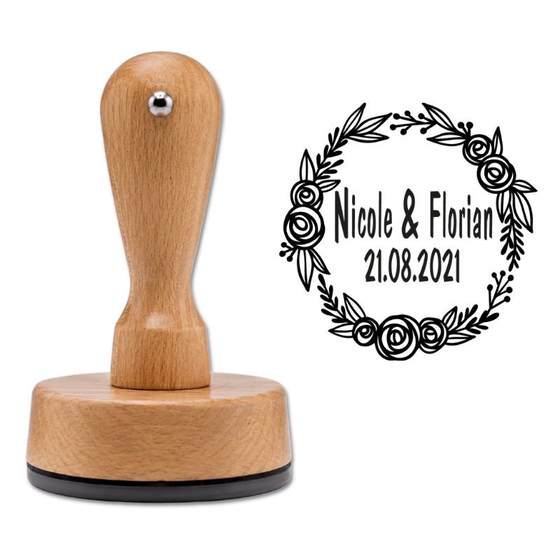 Holzstempel mit Blumenkranz-Motiv – perfekt für Hochzeitsdekorationen 