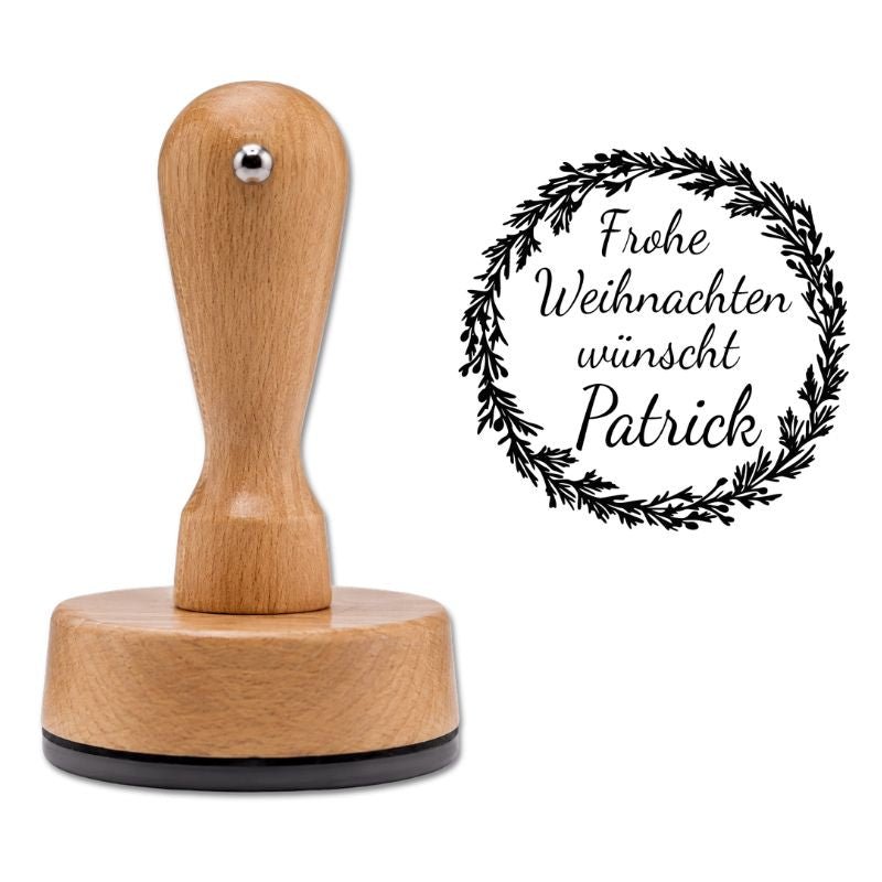 Runder Holzstempel mit weihnachtlichem Motiv und personalisiertem Wunschtext