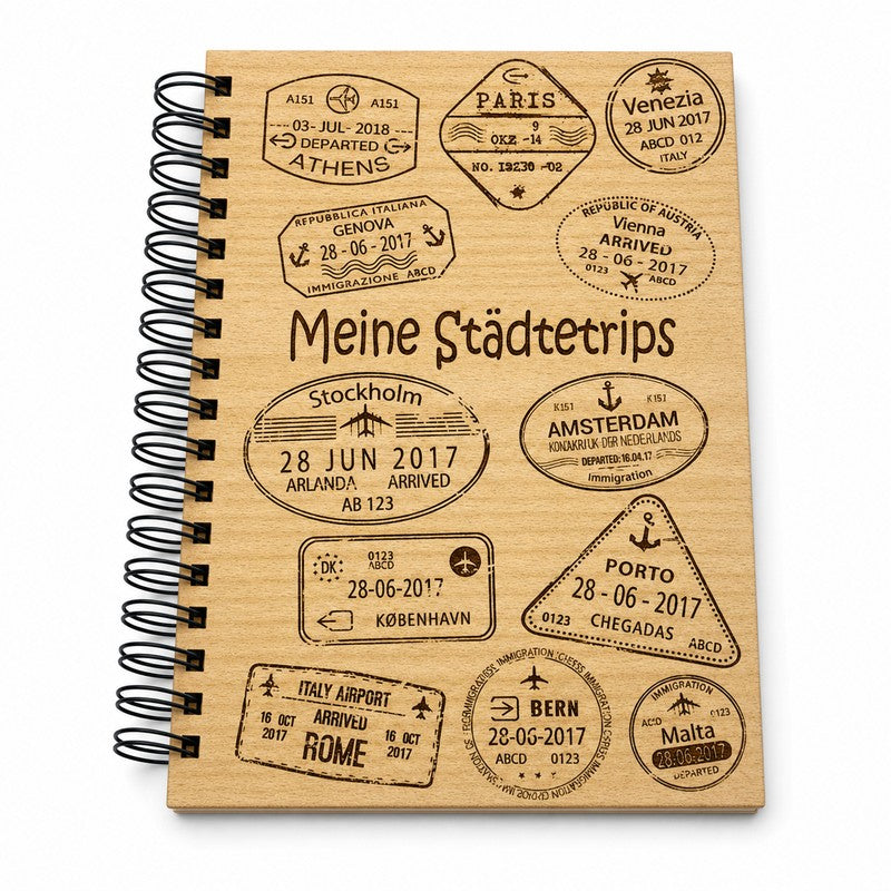 Reisetagebuch aus Holz - Postkarten Gravur auf Holz
