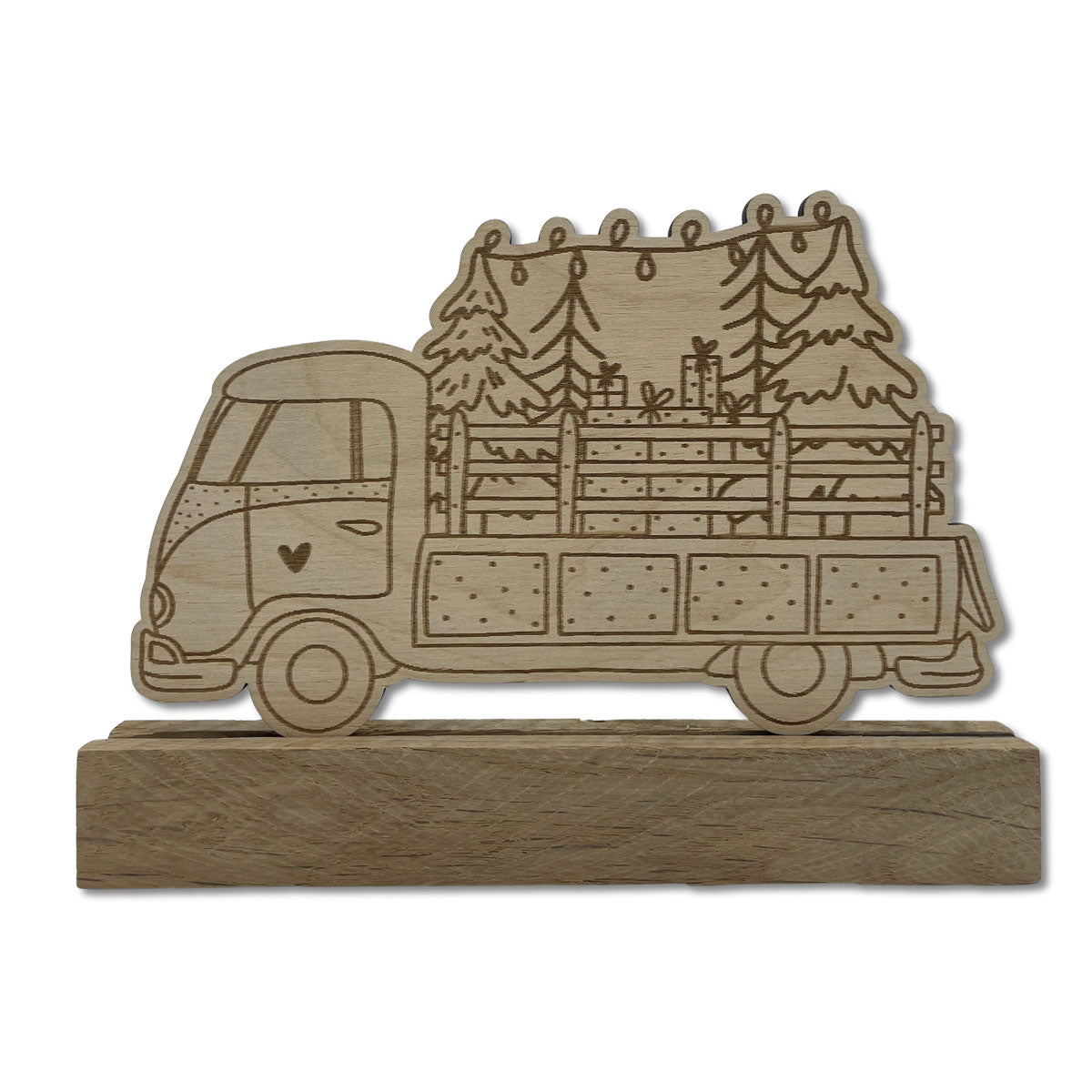 Handgemachter Holzaufsteller Truck mit Weihnachtsgeschenken – nachhaltige Deko aus Holz - Basteln mit Eichenholzklötzchen - Eichenholzklotz Dekoration