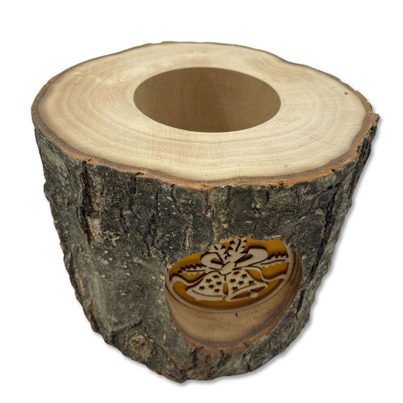 Baumstamm-Windlicht mit Glockenmotiv und rustikaler Rinde, inkl. Glaseinsatz