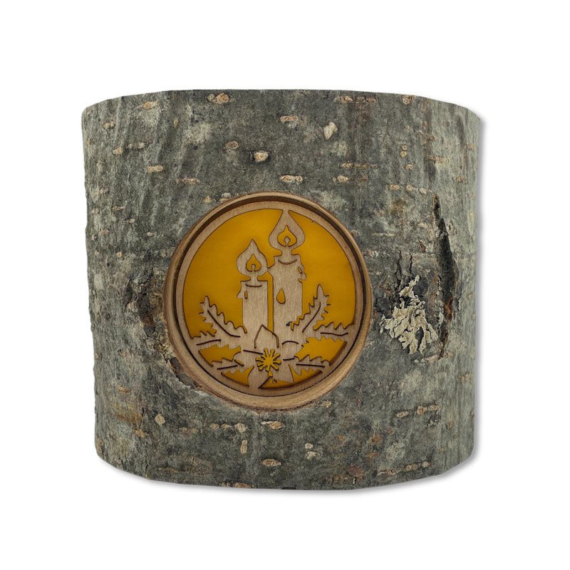 Holz-Windlicht aus Baumstamm mit Doppelkerzen-Motiv, inkl. Glas-Teelichthalter, Baumstamm Windlicht mit Rinde
