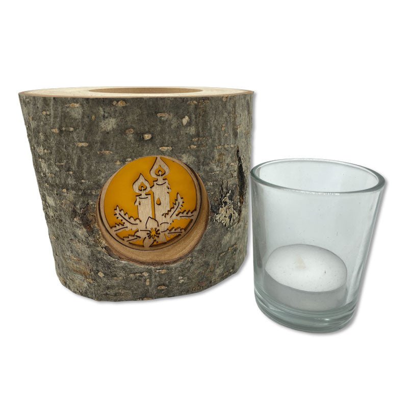 Natürliches Holz-Windlicht mit Motiv zwei Kerzen, dekorative Weihnachtsdeko, Windlicht inkl. Kerze und Glaseinsatz, Windlicht Baumstamm