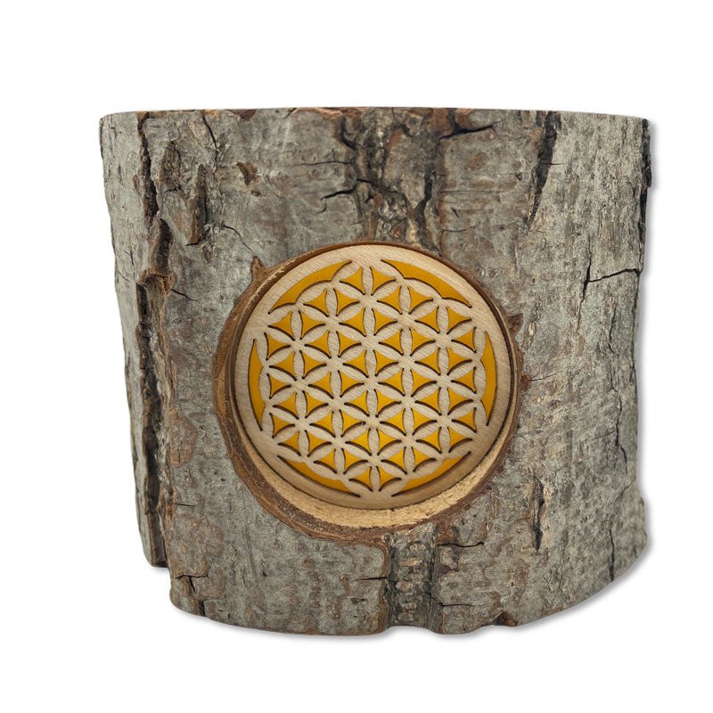 Baumstamm-Windlicht mit Lebensblume Motiv, Symbolik der Flower of Life - Blume des Lebens