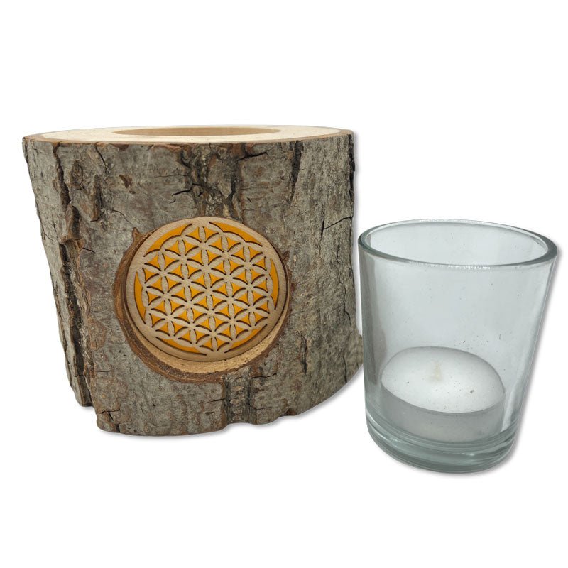 Holz-Windlicht mit filigraner Lebensblume, inkl. Glaseinsatz und Teelicht, Windlicht aus Baumstamm mit Rinde