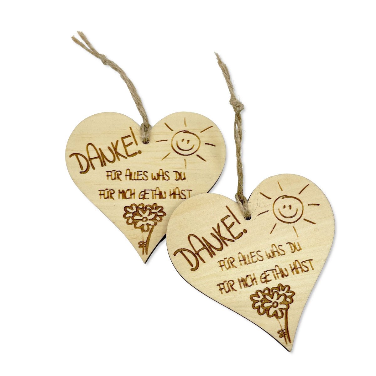 Natürliches Zirbenherz mit Dankesspruch, liebevoll graviert und zum Aufhängen vorbereitet - Holz Herz mit Spruch