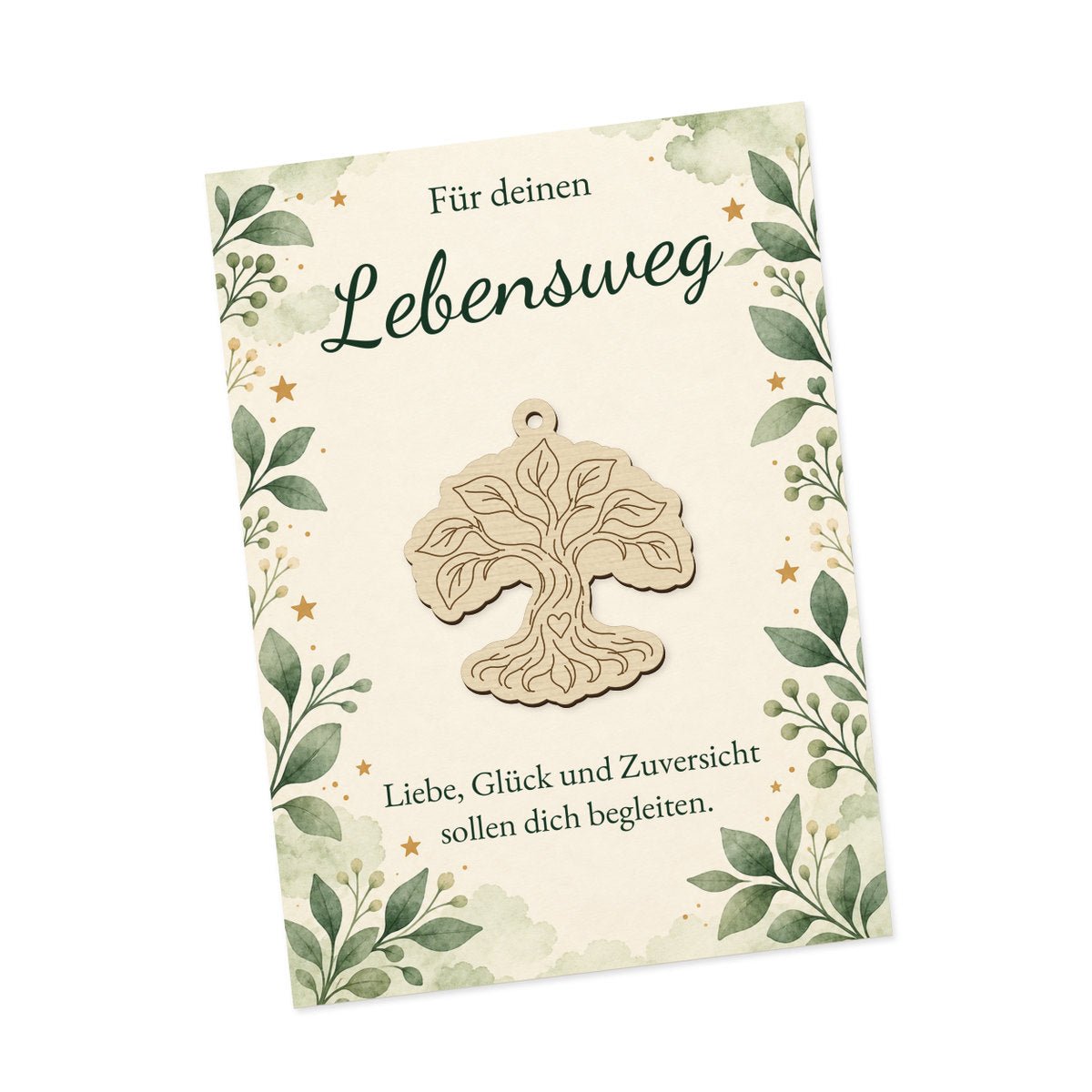 Lebensbaum mit sichtbaren Wurzeln und Blättern auf heller Karte mit grünem Blätterrahmen