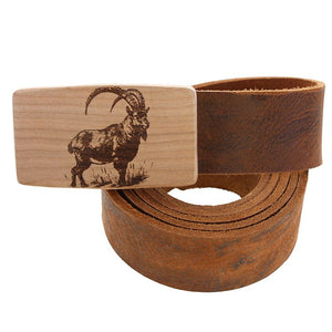 Ledergürtel mit Holzschnalle – Steinbock - Wurmis - Holzdeko