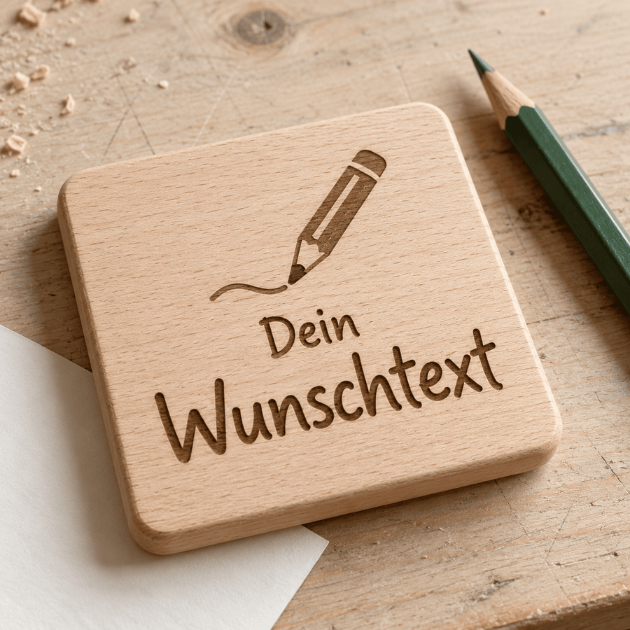 Symbolfoto zur Textanpassung: Holztafel mit Gravur „Dein Wunschtext“, Stiftsymbol und grünem Bleistift.
