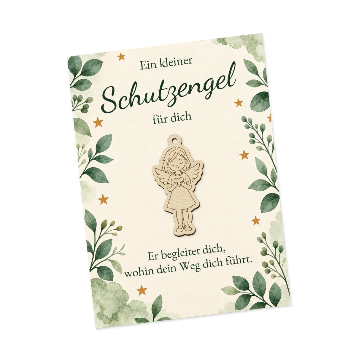 Engelmädchen mit Kleid, Flügeln und Herz auf heller Karte mit grünem Blätterrahmen